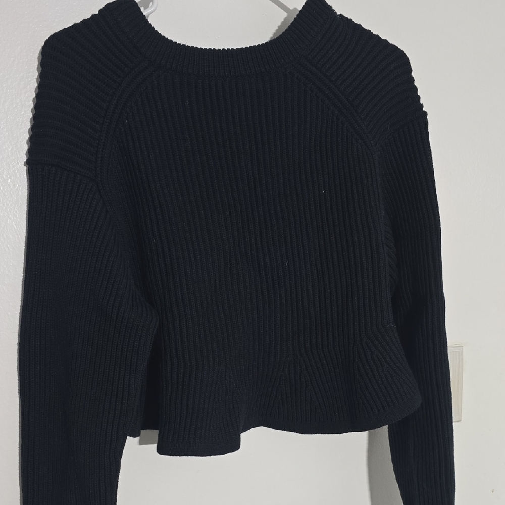ALEXANDER WANG Cropped V Neck Ribbed Peplum Pullover Sweater in Black Size Small - Picture 6 of 9